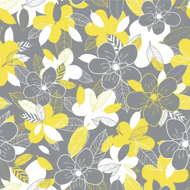 Vector illustration of Vector yellow grey flowers leaves seamless pattern