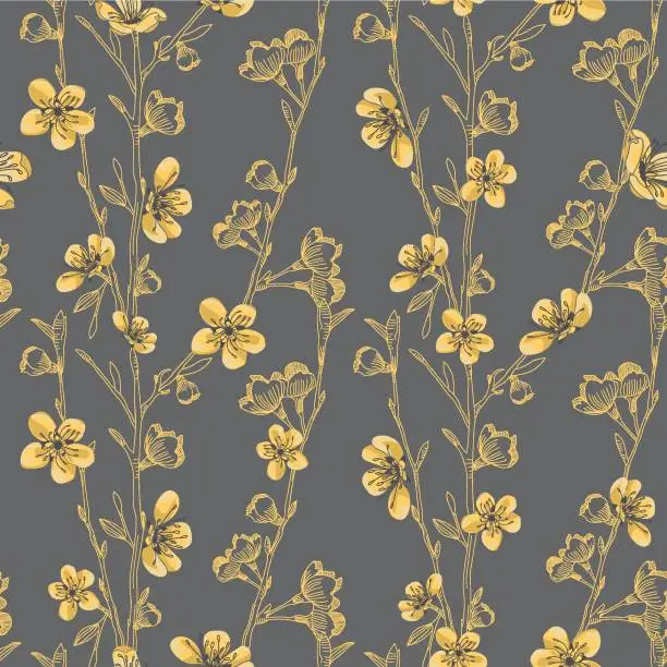 Vector illustration of Vector yellow grey flowers trees seamless pattern