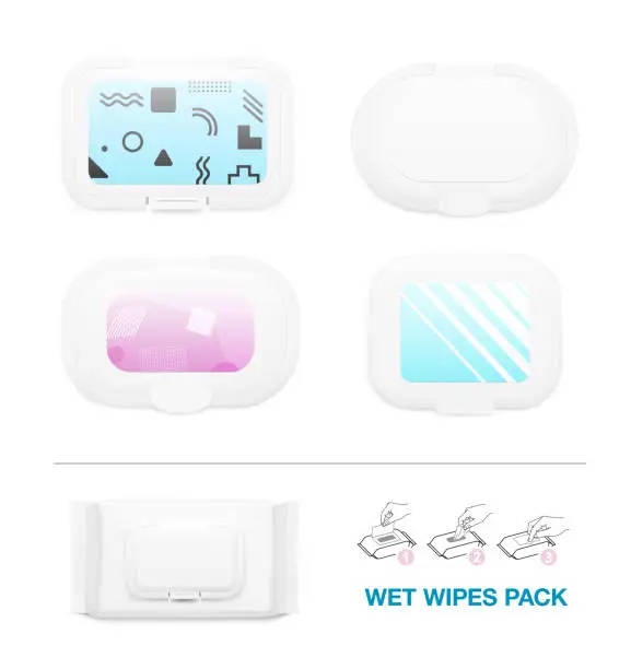 Vector illustration of Wet wipe pack mockup. Wet wipes labels with examples. Vector illustration isolated on white background.
