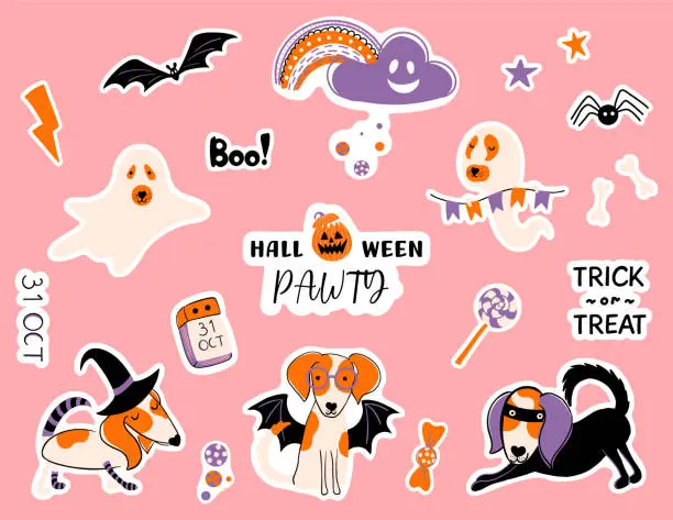 Vector illustration of Set of Halloween dogs in masquerade costumes, rainbow, spider, bat, candies. Dog pawty. Cute stickers for planning and decor. Hand drawn vector illustrations.