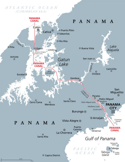 ilustraciones, imágenes clip art, dibujos animados e iconos de stock de canal de panamá, vía fluvial artificial en panamá, mapa político gris - panama canal panama canal lock panama city