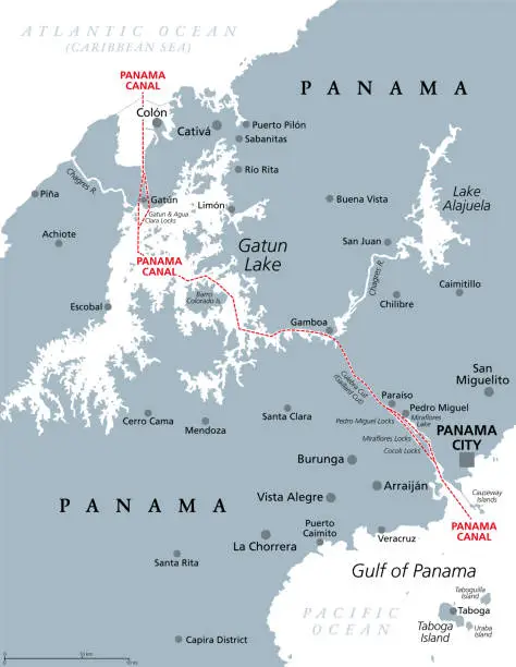 Vector illustration of Panama Canal, artificial waterway in Panama, gray political map