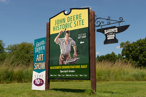 Grand Detour, Illinois - United States - August 16th, 2023: The John Deere Historical Site sign in Grand Detour, Illinois, USA.
