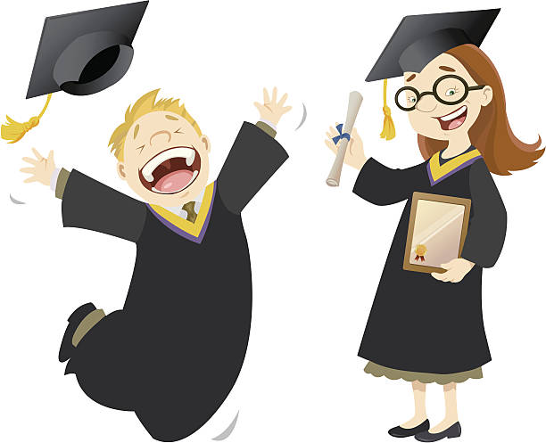 Graduates A boy & girl overjoyed during their graduation. Diploma,plaque & cap are grouped separately from the girl.  bachelor's degree stock illustrations