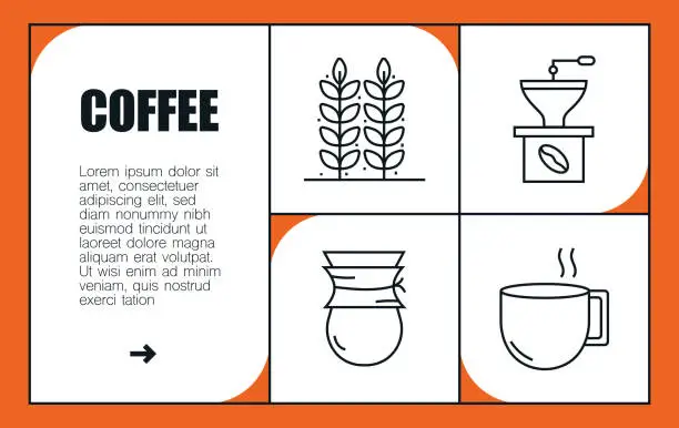 Vector illustration of Coffee Line Icon Set and Banner Design. The design is editable and the color can be changed. Vector set of creativity icons: Coffee Tree , Coffee Bean , Latte , Moka Pot , Coffeemaker , French Press