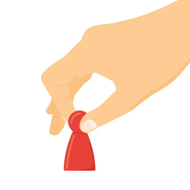 Vector illustration of hand holding red pawn figure; concept of manipulation, Human Resource, business strategy, risk management