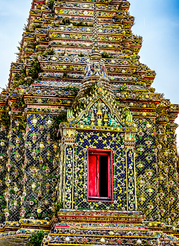 Colorful Red Door Ceramic Pagoda Phra Maha Chedi Wat Pho Po Temple Complex Bangkok Thailand. Phra Maha Pagodas were built between 1851 to 1868 by King Rama IV Mongkut. Wat Pho is one of oldest temples in Thailand.
