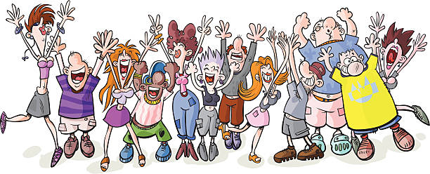 Funny party people. Cartoon illustration of joyful people in full length. crowd of people clipart stock illustrations