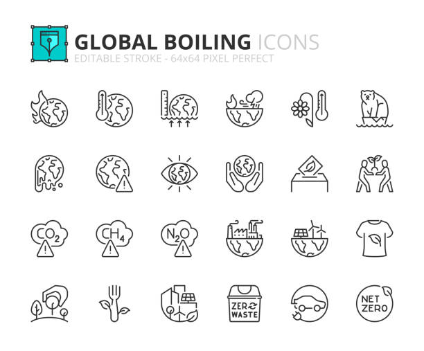 stockillustraties, clipart, cartoons en iconen met simple set of outline icons about era of global boiling - energietransitie