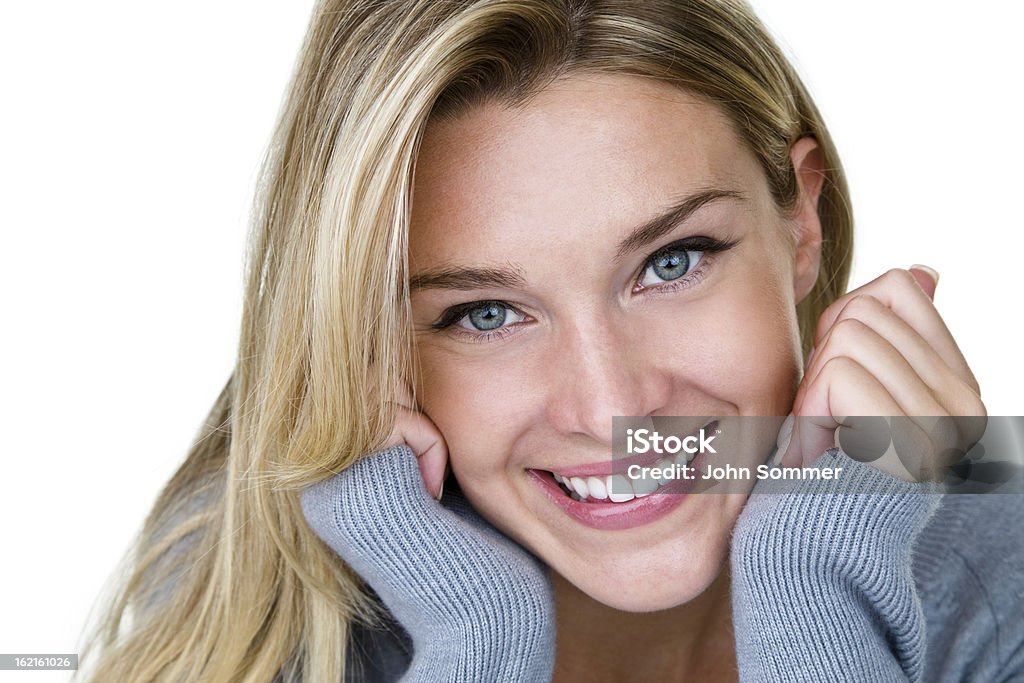 Beauty Beautiful blond woman isolated on white with blue eyes and a perfect smile Smiling Stock Photo