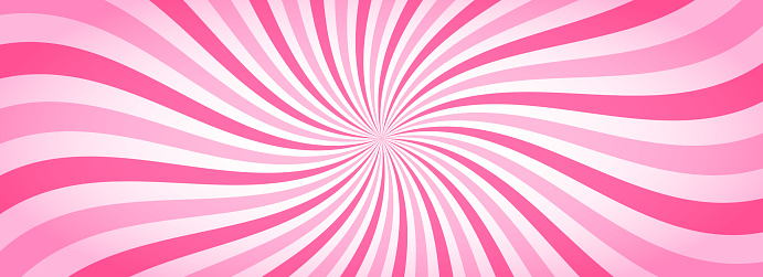 Candy color sunburst wallpaper. Abstract pink cream sunbeams design background. Spinning lines for template, banner, poster, flyer. Sweet rotating cartoon swirl or whirlpool. Vector backdrop