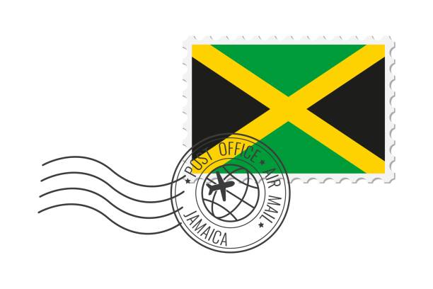 ilustrações, clipart, desenhos animados e ícones de selo postal da jamaica. ilustração do vetor do cartão postal com a bandeira nacional jamaicana isolada no fundo branco. - mail postage stamp postmark jamaica