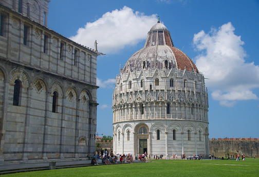 Full shot of the Baptistry of Pisa dome, including the Pisa Cathedral, in Pisa, Italy