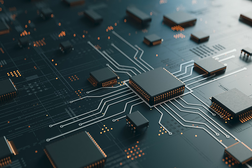 Technology background with the concept of computer motherboards and semiconductors, 3d rendering