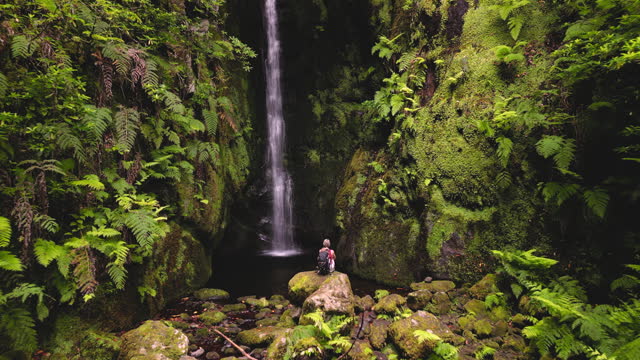 Young female hiker by the waterfall in the rainforest.