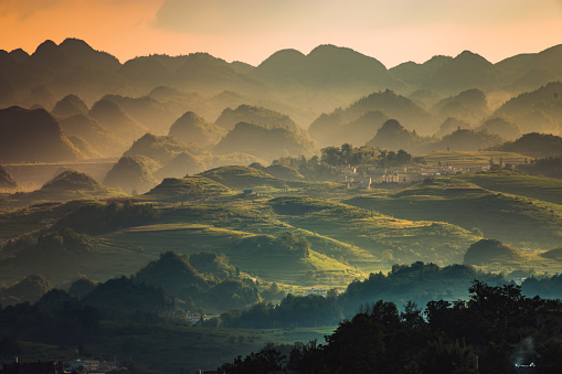 Sunset on the Karst Landform in Guizhou, China