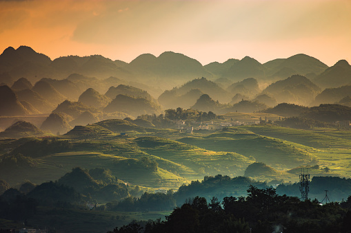 Sunset on the Karst Landform in Guizhou, China