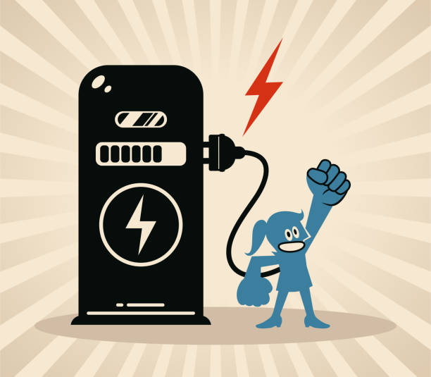 ilustrações de stock, clip art, desenhos animados e ícones de a confident woman with an electric plug is charging herself at a charging station to fill herself with power - electric plug electricity women power