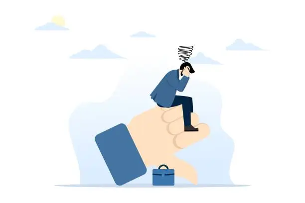 Vector illustration of demotivating failure, error or negative feedback concept, no passion or burnout from work, mental breakdown or depression concept, sad stressed businessman sitting on negative thumbs down symbol.