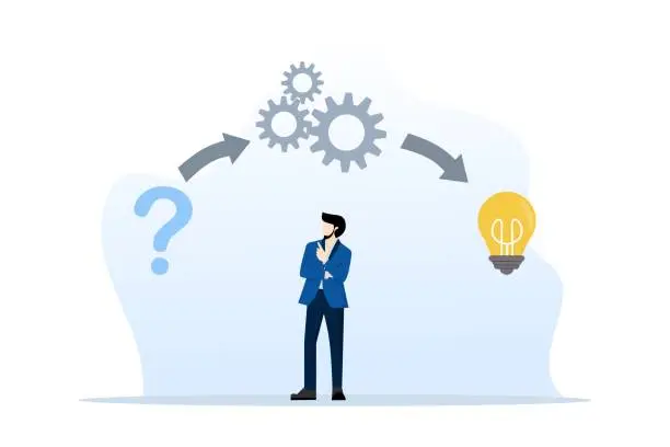 Vector illustration of Business thinking or problem solving concept, Stages of business implementation, startup. Businessman calmly thinking about the solution of this problem. business idea, creative task.