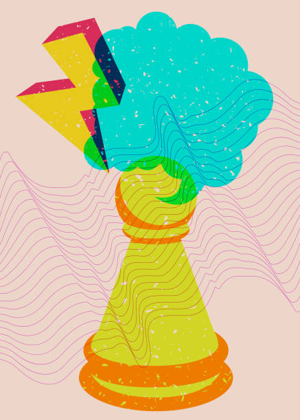istock Colorful geometric shapes with pawn, chess piece and speech bubble. Object in trendy riso graph design. Geometry elements abstract risograph print texture style. 1621877393