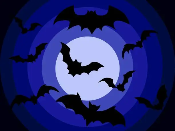 Vector illustration of Happy Halloween. A flock of bats against the background of a full moon. A terrible night. Vector illustration