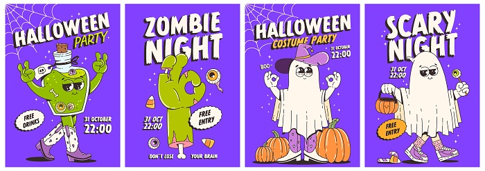 Halloween party invitation. Trendy retro groovy style and funny characters in 70s-80s. Scary night, zombie night, costume party. Funny vector posters set.