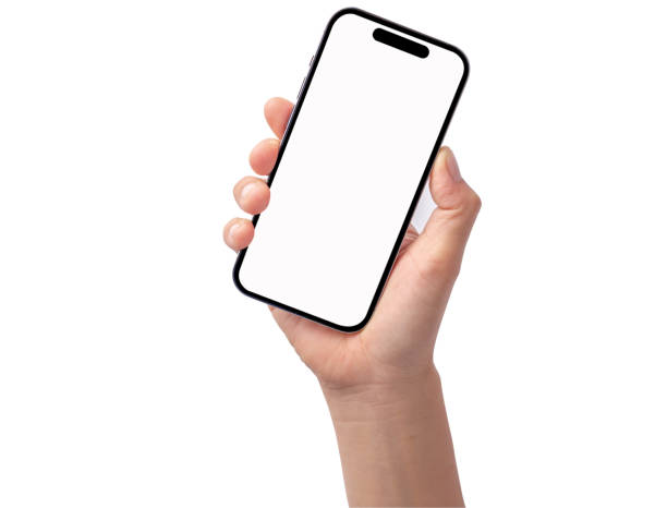 Women holding a mobile phone smartphone with a white screen and less modern frames than less design - separated on white backgrounds. Modeling of female hands holding