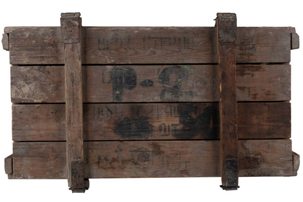 istock Army ammunition wooden crate. Text in russian - type of ammunition, projectile caliber, projectile type, number of pieces and weight. 1621994525