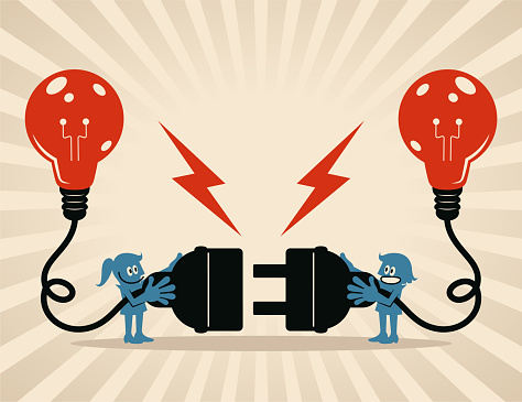 Blue Cartoon Characters Design Vector Art Illustration.
Two businesswomen holding huge wired power plugs and sockets are ready to make connections of ideas, Brainstorming concepts.