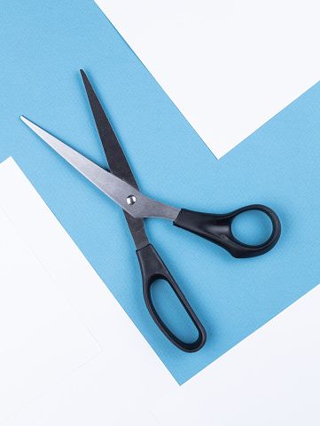 Black scissors isolated on white and blue  background