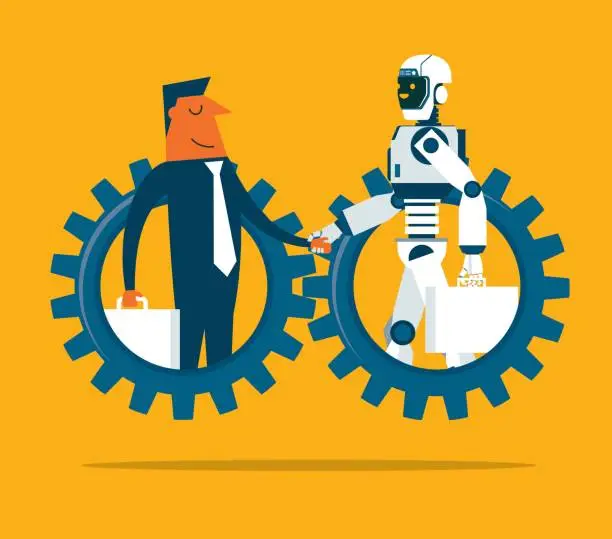 Vector illustration of Businessman and robot shaking hands