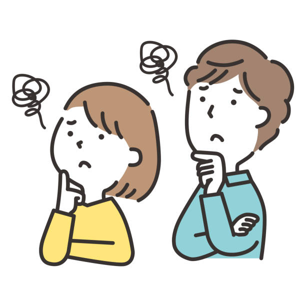 Illustration of a young couple looking up diagonally and struggling 斜め上を見上げて悩んでいる若い夫婦のイラスト gender change stock illustrations