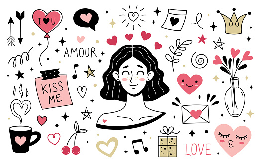 istock Set of cute love elements. Doodle style. Hand drawn simple vector illustrations. Love collection. 1622053107