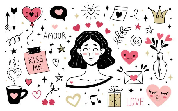 Vector illustration of Set of cute love elements. Doodle style. Hand drawn simple vector illustrations. Love collection.