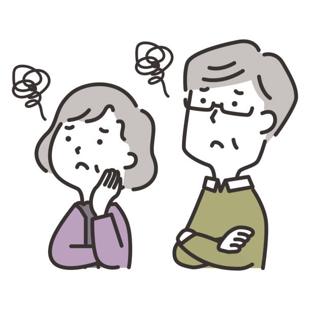 Illustration of an elderly couple looking up diagonally and struggling 斜め上を見上げて悩んでいる老夫婦のイラスト old person cartoon stock illustrations