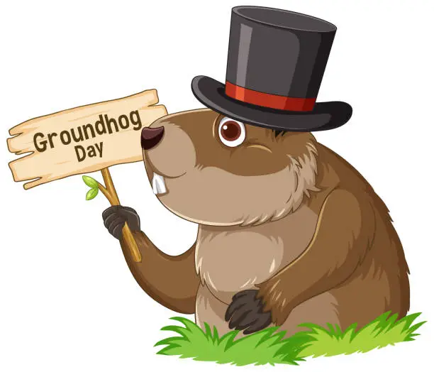 Vector illustration of Adorable Groundhog Cartoon with Groundhog Day Banner