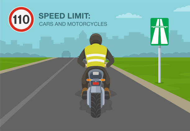 illustrazioni stock, clip art, cartoni animati e icone di tendenza di consigli e regole per la guida sicura della moto. auto e moto su un'autostrada, limite di velocità autostradale. vista posteriore di un motociclista. - motorcycle motorcycle racing rear view riding