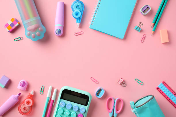 istock Flat lay composition with school supplies on pink background. Back to school concept. 1622133488