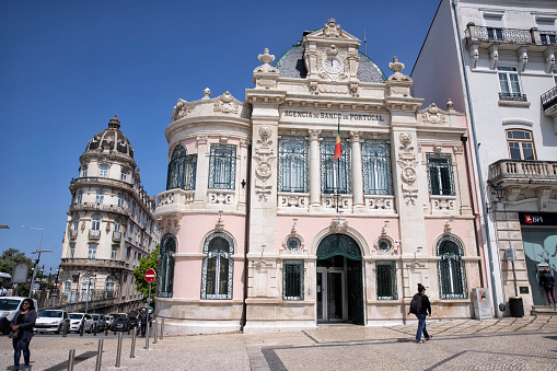 Street view of Coimbra branch of the Portuguese central bank, Coimbra, Portugal