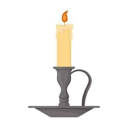 Bronze candlestick with melted wax candle vector illustration. Vintage candle drawing isolated on white. Interior concept