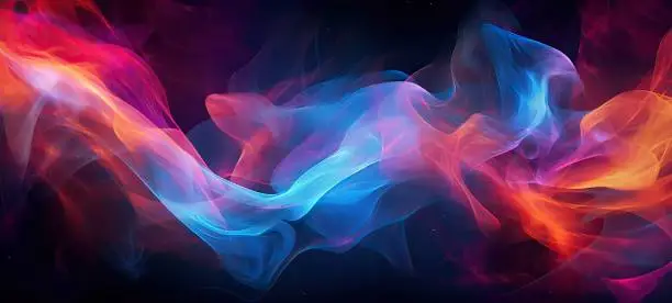 An abstract image of colorful smoke waves against a black backdrop, creating a visually striking and mysterious composition