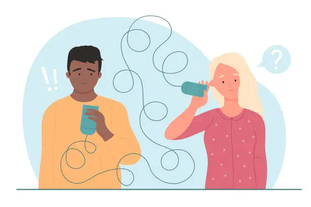 Vector illustration of Poor communication and relationship problems in confused couple with tin can telephone