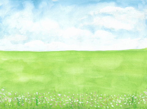 Watercolor painting nature background of sky, meadow and flower on paper. Landscape. illustration for environment or spring, summer and season concept. copy space for text. Hand painted texture style.