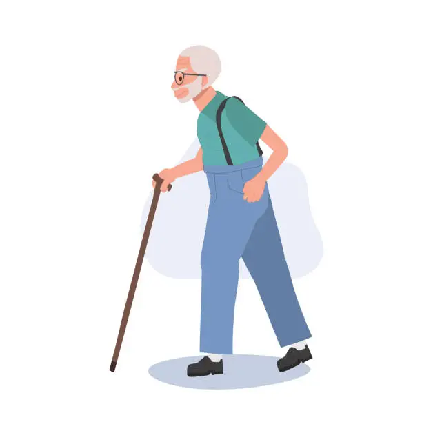 Vector illustration of Confident Grandpa , elderly man is Walking with cane Stick. Active outdoor lifestyle. Flat vector cartoon illustration