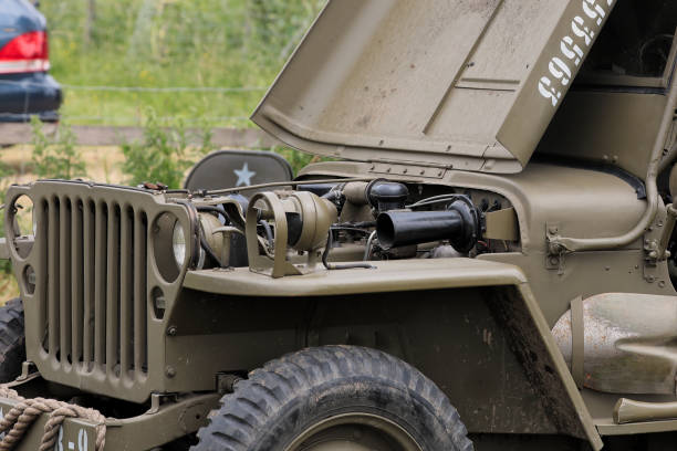 Engine Detail on a Second World War American Willys Jeep 1940s model US Willys Jeep, as used extensively in World War 2 by the allied forces and post war by people everywhere. jeep 4x4 off road vehicle world war ii stock pictures, royalty-free photos & images