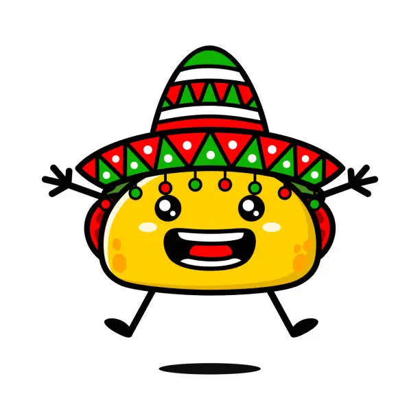 Vector illustration of Cute Tacos Cartoon Character With Sombrero Hat