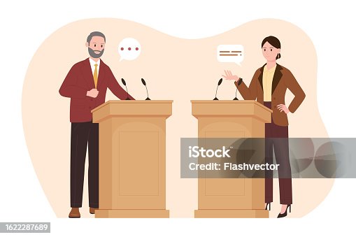 istock Political debates between two politicians at podiums, man and woman stand at tribunes 1622287689