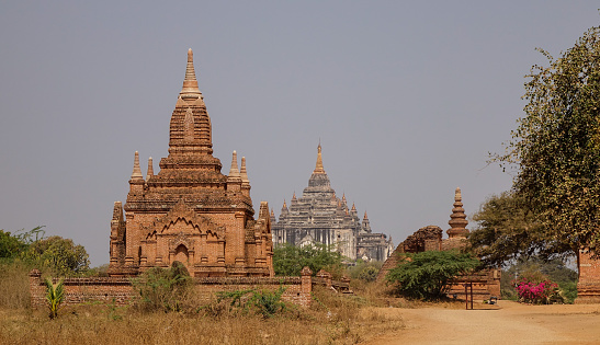 Landscape of Ancient Buddhist temples at summer day in Bagan, Myanmar. Bagan is an ancient city in central Myanmar (formerly Burma), southwest of Mandalay.