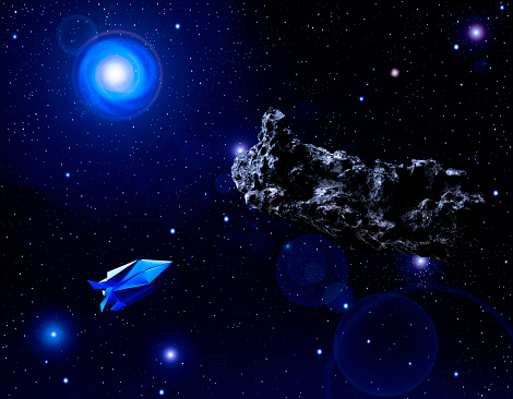 Adventure trip to an asteroid in deep space with an origami spaceship.